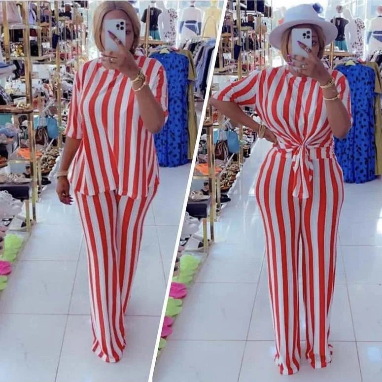 

Plus size Women Stripes Stretch Women Wide Leg Maxi Pants Fall Two Piece Pants Set, As showed