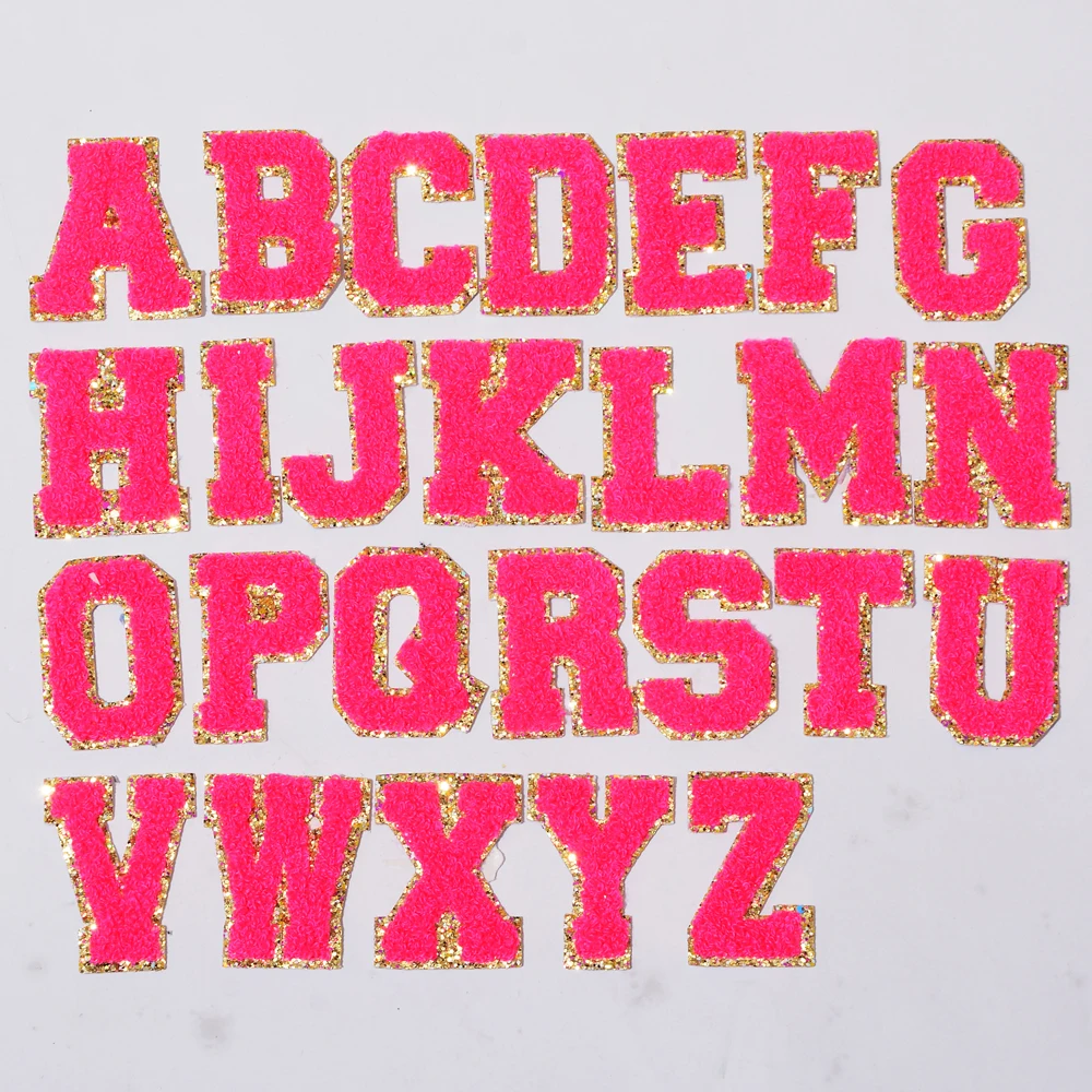 

Low MOQ Stock 26 Alphabets Pearl Backing Self Adhesive Embroidery Patches Cloth Fabric Iron On Chenille Letter Patches
