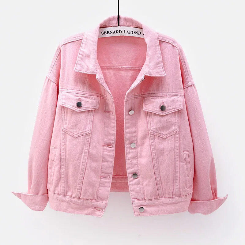 

Plus Size Pink Solid Color Short Denim Jackets Long Sleeve Casual Jeans Jacket Coats Big Size For Women