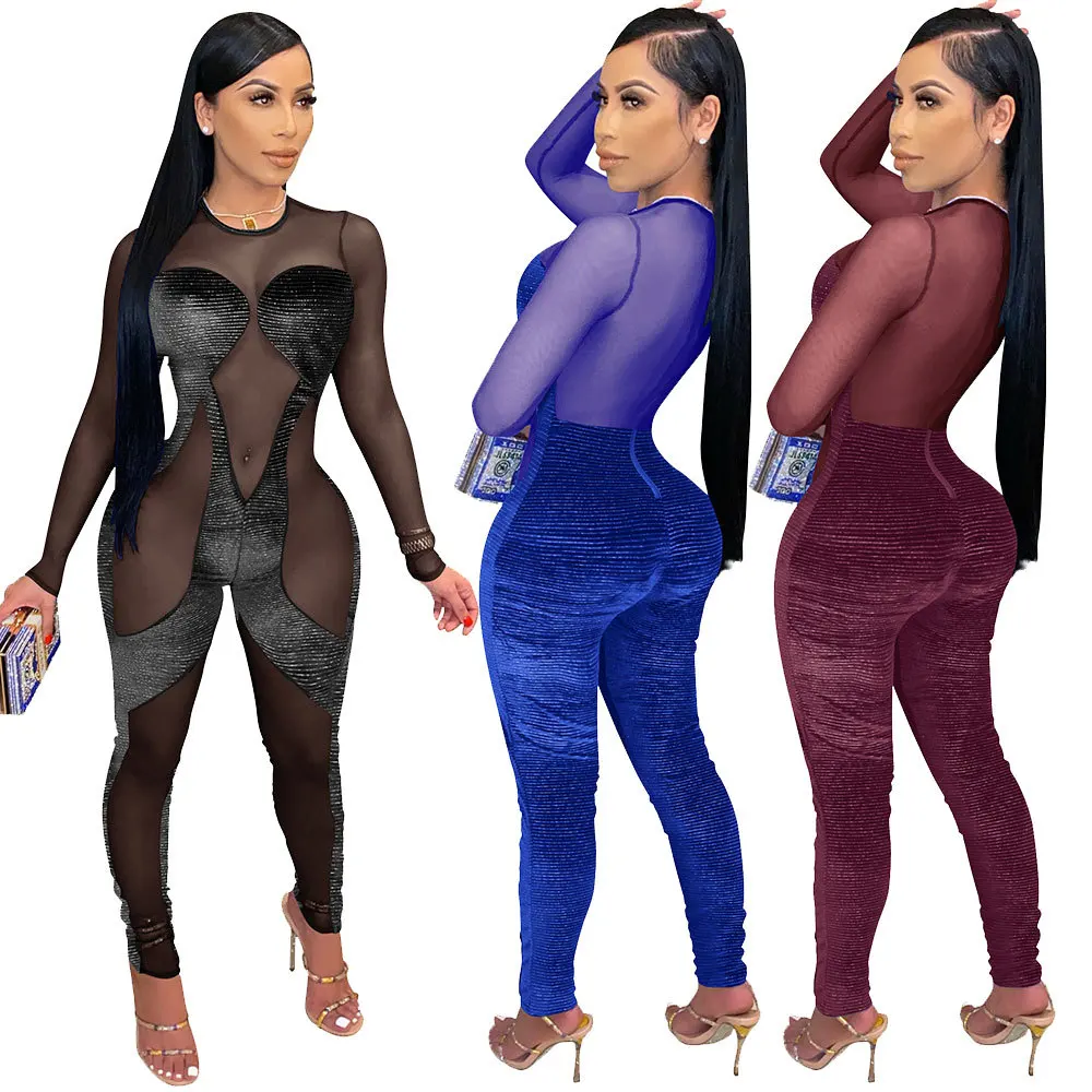 

Nightclub Sexy Mesh Stitching Long Sleeved See Through Bodysuits Stylish Fall Woman Pants Jumpsuit, Picture color