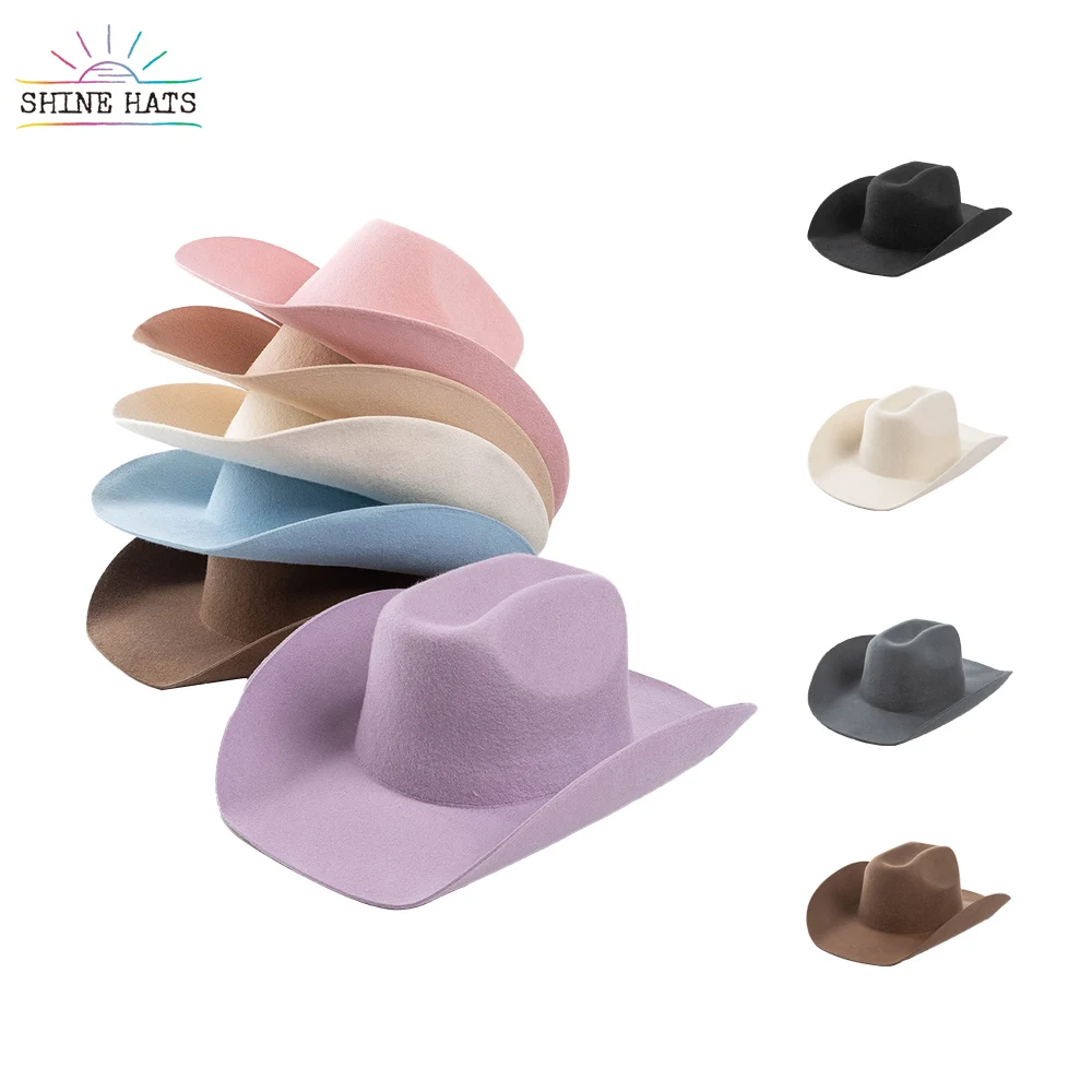 

Shinehats Solid Color White Vintage Western Cowboy Felt Hat Fedora Hats Wool Adult Women Ladies Chapeau Femme with Band