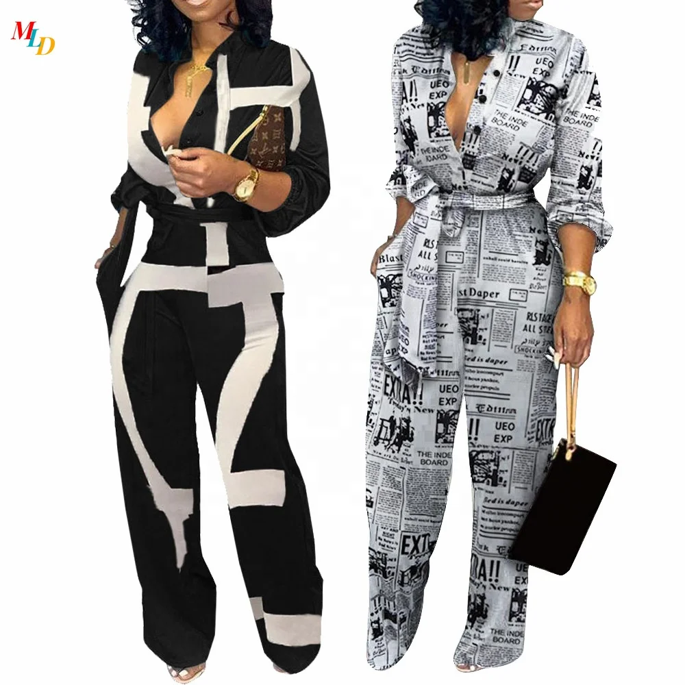 

2021 Women V Neck Jumpsuit Hot Sale Lady Party Long Pants Skinny Newspaper Print Outfits High Waist Formal Full Woman Bodysuits