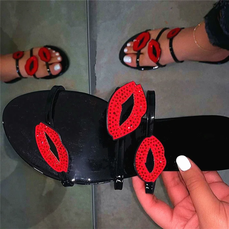 

Summer new fashion Rhinestone flat sandals female red lips women's sandals, Customized color