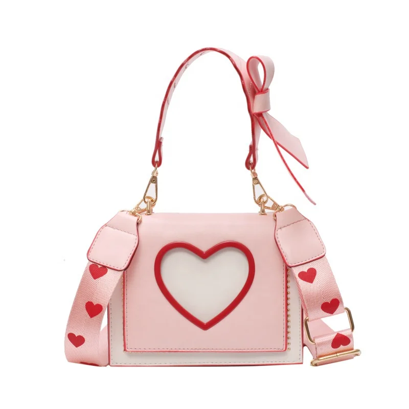 

Fashion Bow Wide Red Heart Shaped Belt Small Purses With Handles Cross Shoulder Handbags pink bags woman ladies