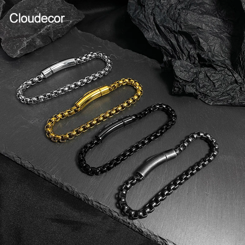 

High Quality Chain Bracelet Stainless Steel Bracelet Box Chains Real Gold Plated Men Box Chain Black Bracelet Men Jewelry 2021, Steel/gold/rose gold