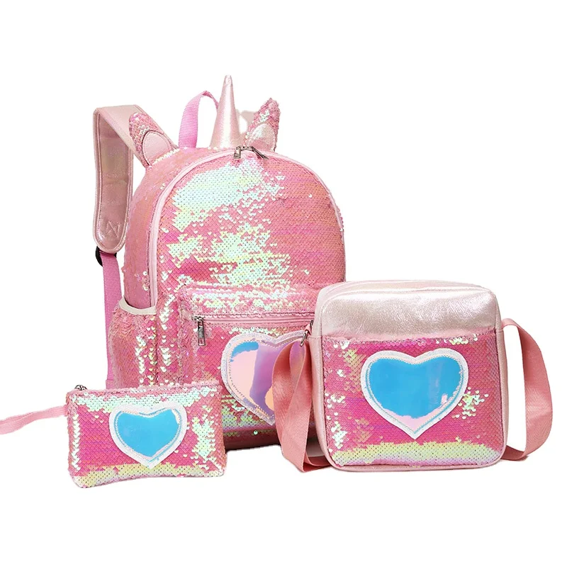 

New Light Weight Kindergarten Lovely Latest Design Fancy Ladies Hand Bags Unicorn Glitter Backpack Sequins School Bags 3 Pc, Customized color