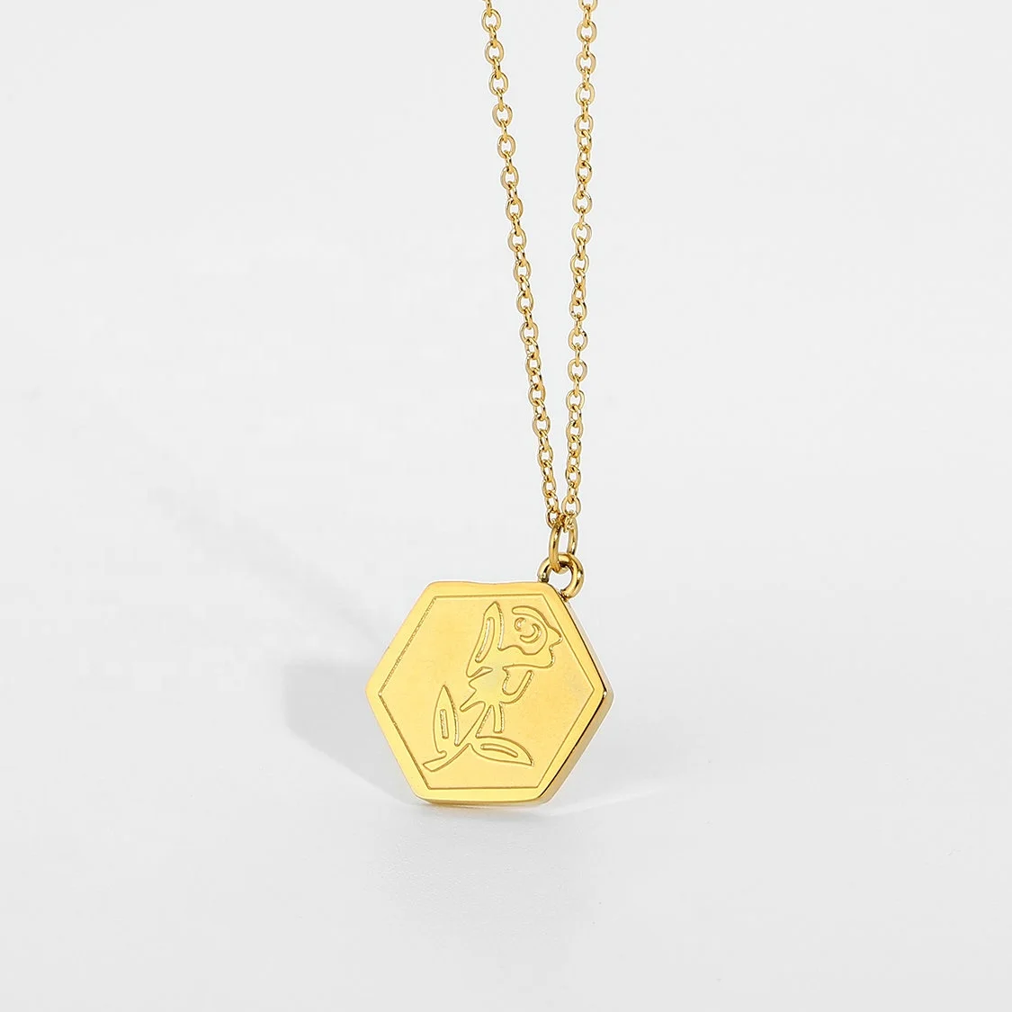 

Retro Trendy Geometric Square Hexagonal Rose Flower Pendant Necklace 18K Gold Plating 316l stainless steel necklace