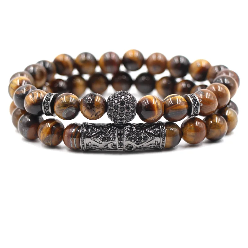 

2Pcs/Set Micro-inlaid Ball Elbow Tiger Eye Set Bracelets Stone Beads Bracelets For Women Men Natural Stone Bracelets, Multicolor