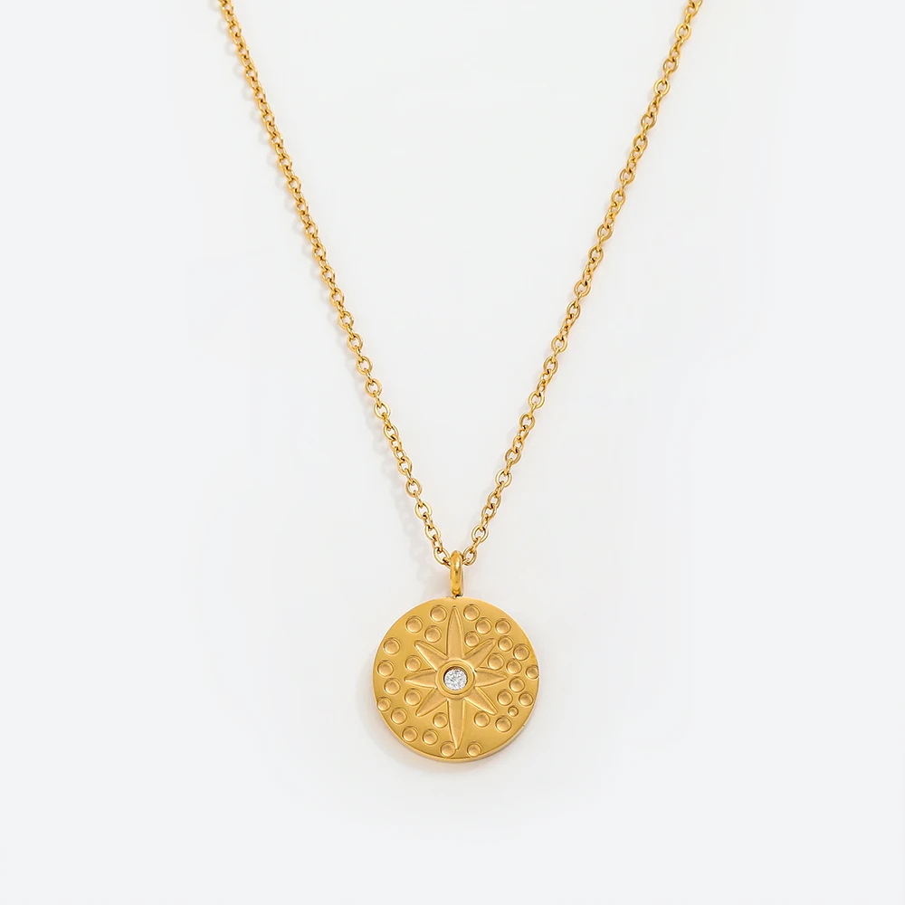Joolim Jewelry 18K Gold Plated Zirconia Sunflower Coin Pendant Necklace Stainless Steel Jewelry Wholesale