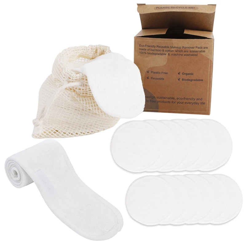 

Hot Selling Stock 12 pcs Bamboo Cotton Pads Mesh Bag With Headband Set Reusable Round Cotton Pads