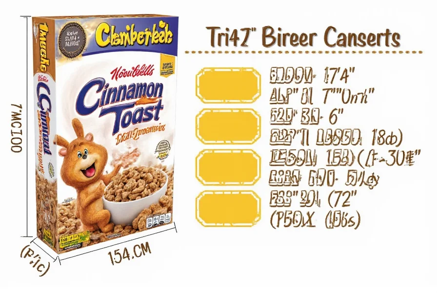 Illustration showing how cinnamon toast cereal boxes fit in standard pantry shelves and storage containers with measurements