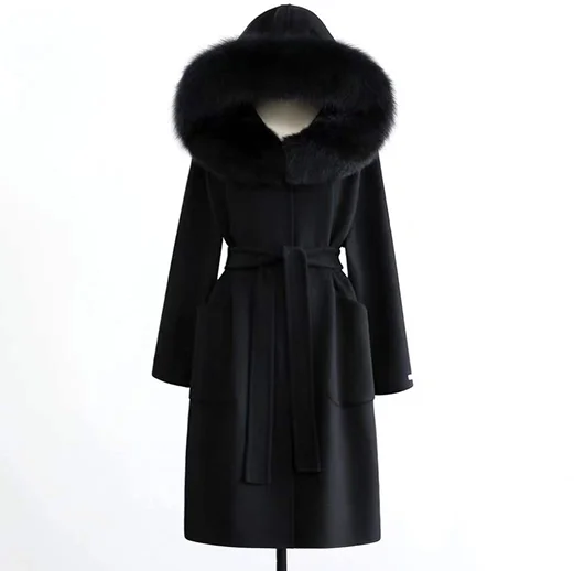 

QIUCHEN- QC19055 women warm trench hooded jacket cashmere belt long plus size fox fur collar wool coat, Gray,black,beige,taupe,cream