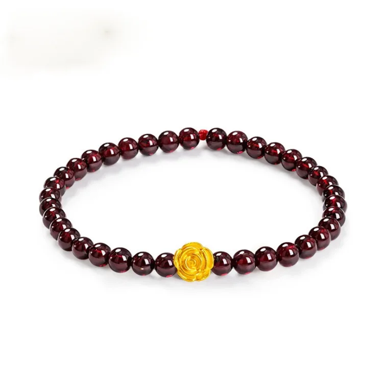 

Pure Gold Rose Flower Garnet Bracelet 3D Hard Gold Transfer Beads Bracelet Valentine'S Day Gift For Girlfriend