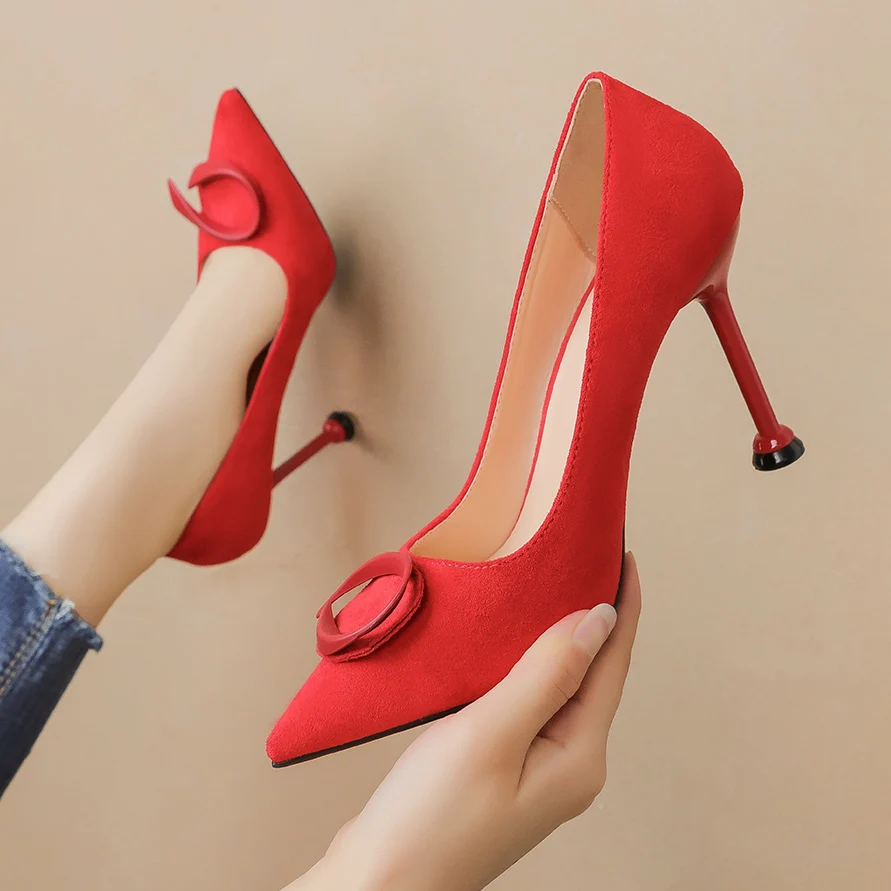 

2020 fashion sexy pointed toe shallow mouth Suede red heels pumps shoes for women