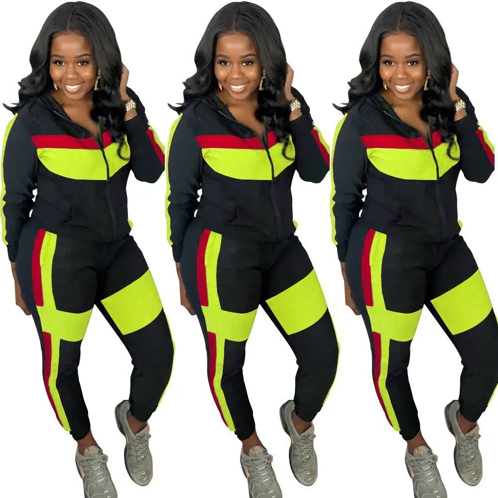 

Casual Solid Color Turn-down Collar Patchwork Sweatshirt Pants 2 Piece Set Zipper Long Sleeve Two-Piece Set Sports Suit, Customized color