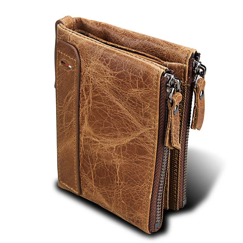 

Amazon Hot Sale Men Double Zipper Leather Wallets Coin Purse Genuine Leather Crazy Horse Cowhide RFID Men Wallet