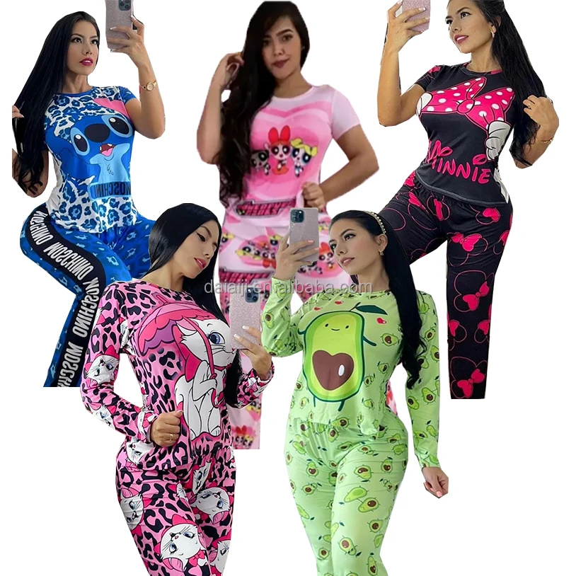 

New Arrival Women cartoon characters sleepwear 2 Piece Pajamas Pant Set