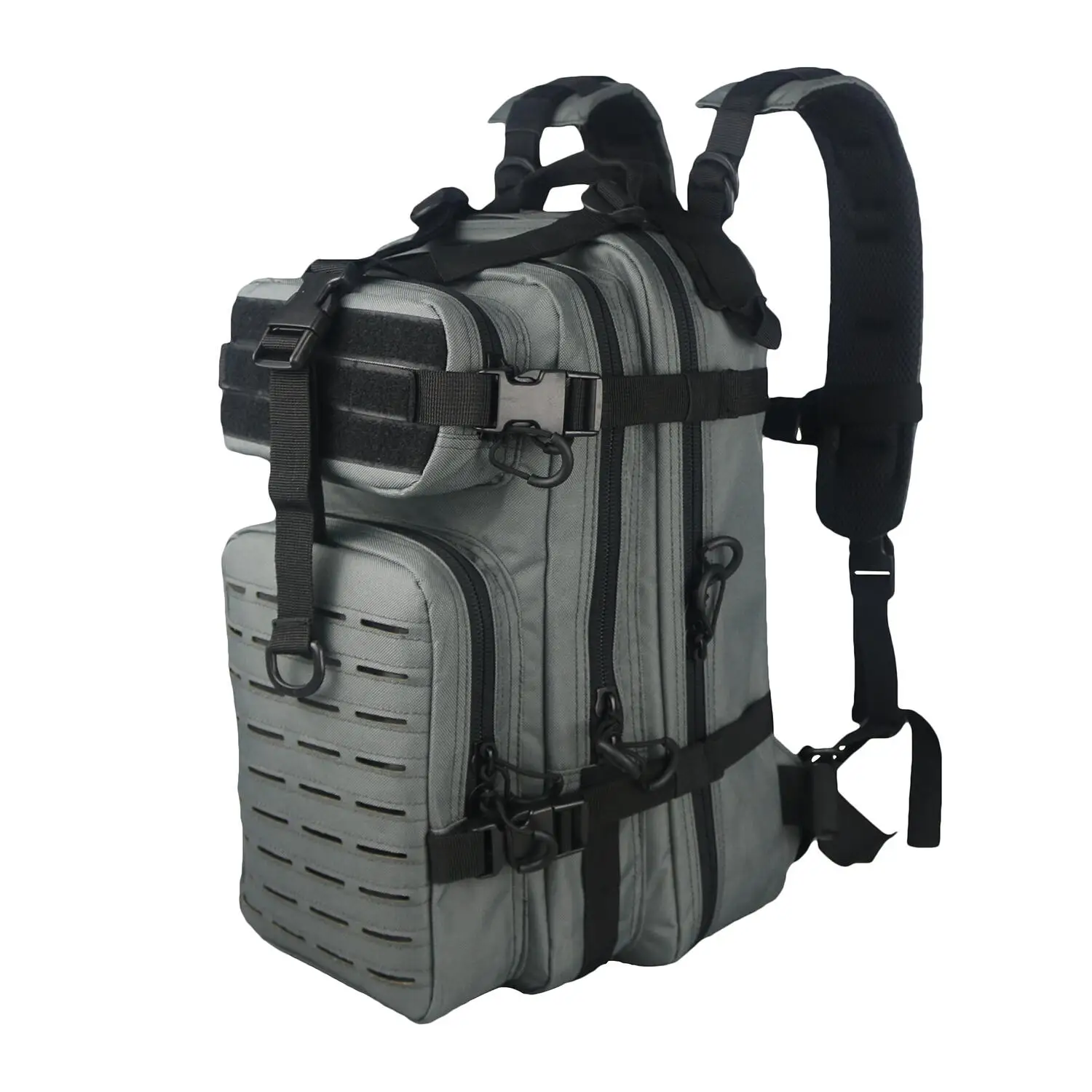 

Large Waterproof Outdoor Sport Hiking Laser Cut Tactical Backpack Thread Security Polyester Fashion Unisex String Mesh Softback, Grey mix black
