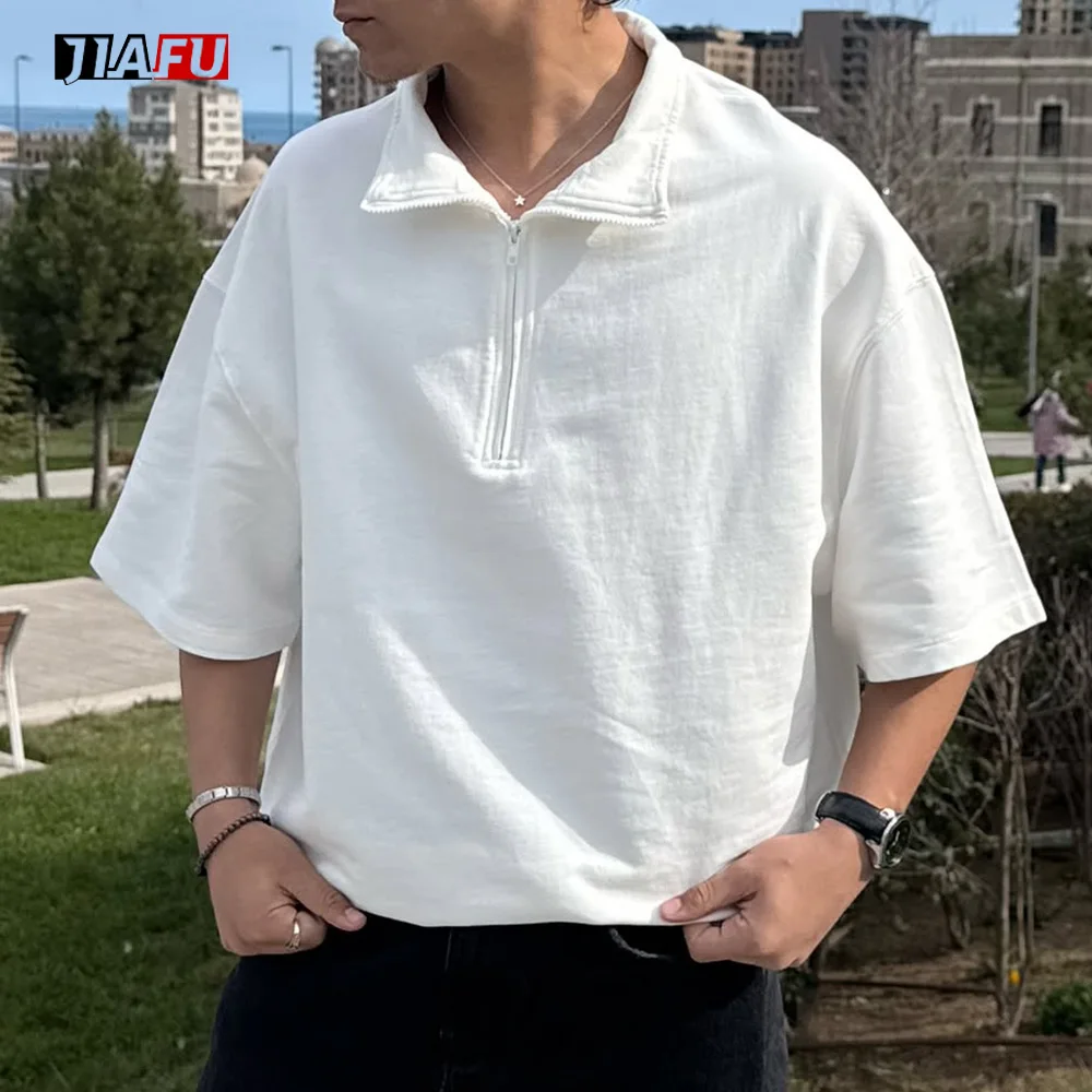 100% Cotton Knitted Solid Oversized Fit Half Zip Polo Neck Short Sleeve Blank Casual Breathable Men's ShirtsTshirts Bulk Custom