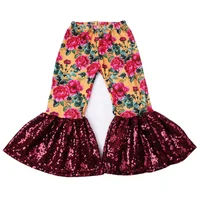 

019 New Kids Fashion Pants Design Red Rose Print Bell Bottom Pants Boutique Baby Girls Pants Wholesale Price