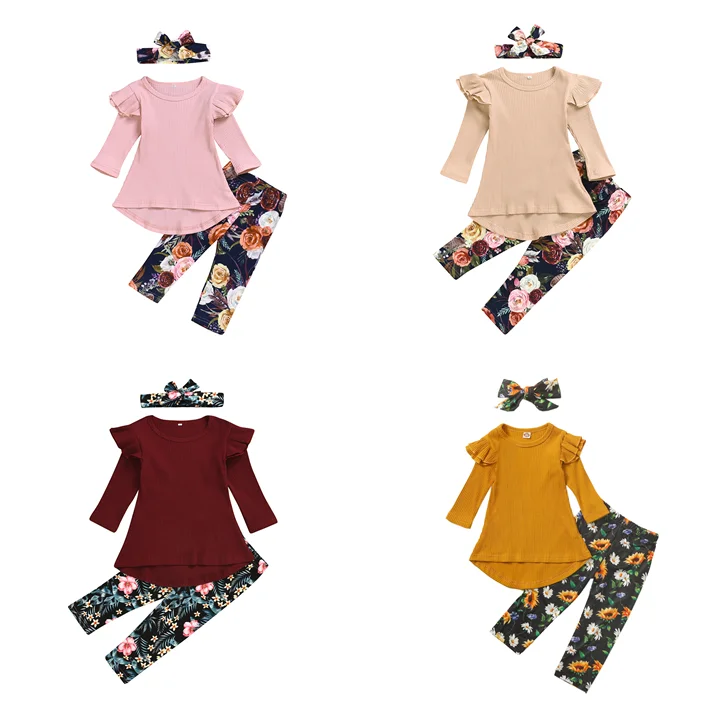

2020 autumn outfit fashion pure color jacket flower trousers heist three pieces suit kids boutique clothing for girls, As pic shows, we can according to your request also