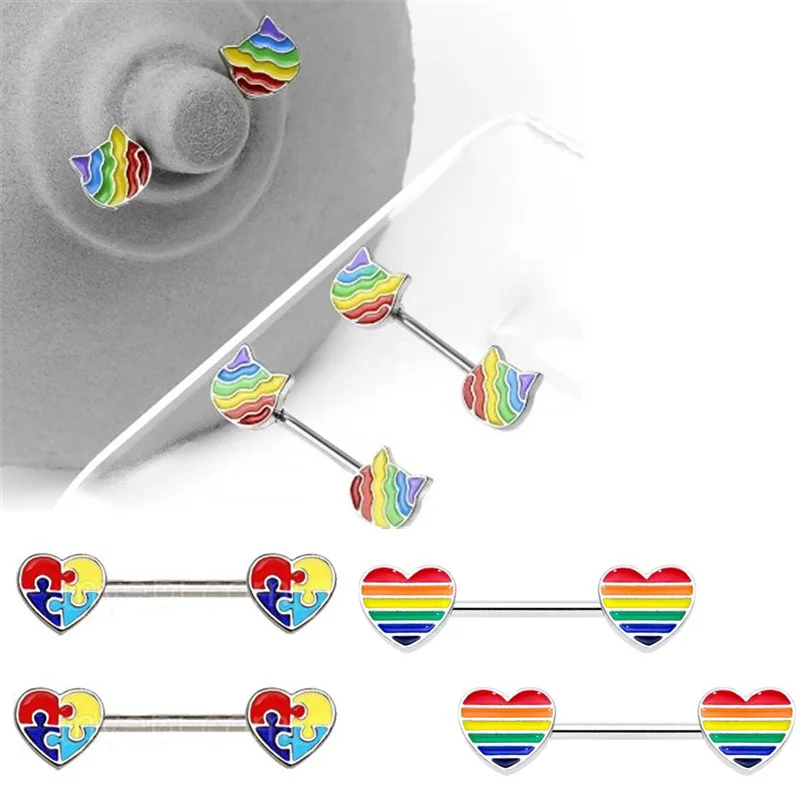 

Colorful Rainbow Heart Sexy Nipple Rings Stainless Steel Body Piercing Jewelry Free Sample Jewelry, As pic