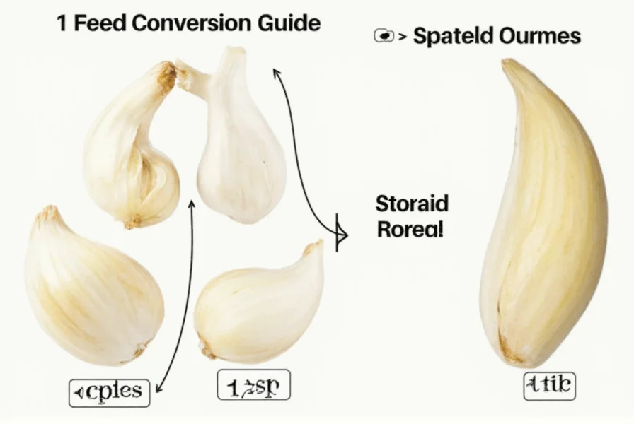 Garlic clove measurement comparison showing whole clove next to teaspoon measurements of minced garlic