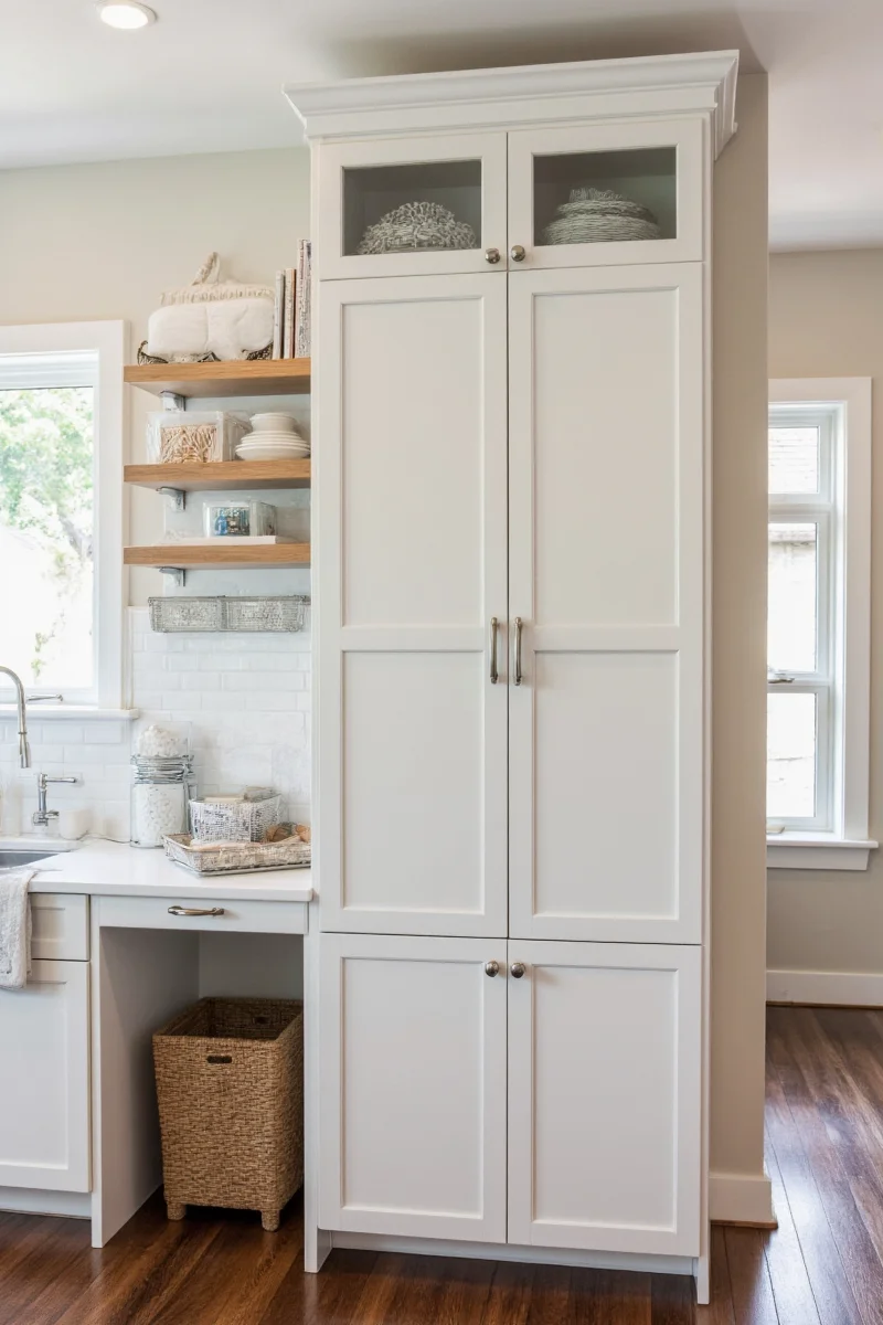 Tall narrow accent cabinet in a living room corner with books and decorative baskets.