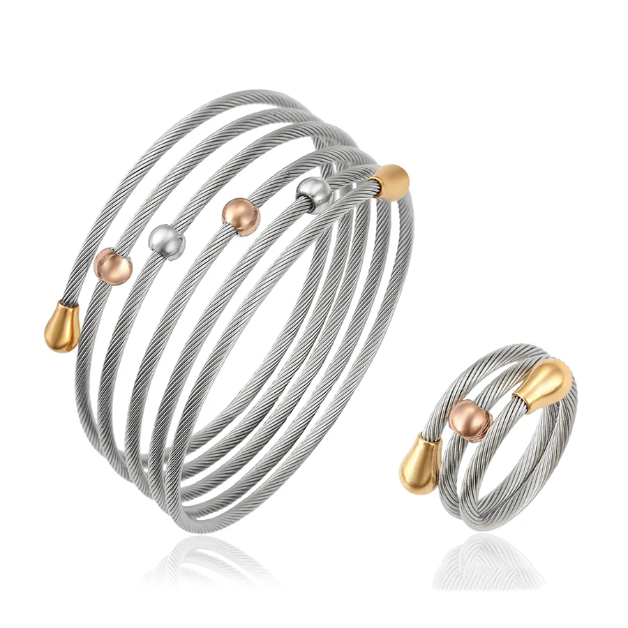 

S-208 Xuping fashion Stainless Steel Bead Charm Cuff Bangle and Ring Women's Jewelry Set