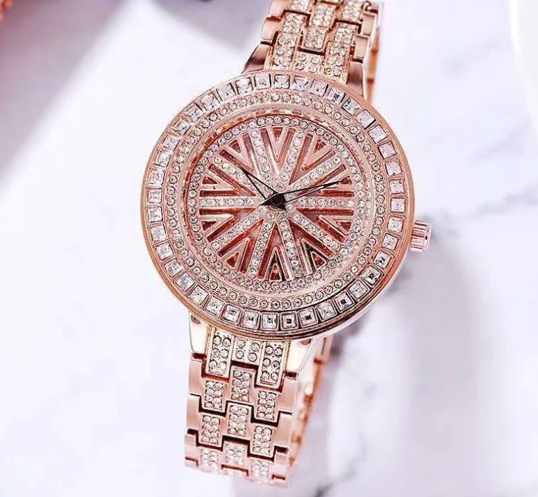 

Hot Selling New Time Running Women's Watch Full Diamond Zircon Flip Wheel Flywheel Quartz Watch Factory Wholesale