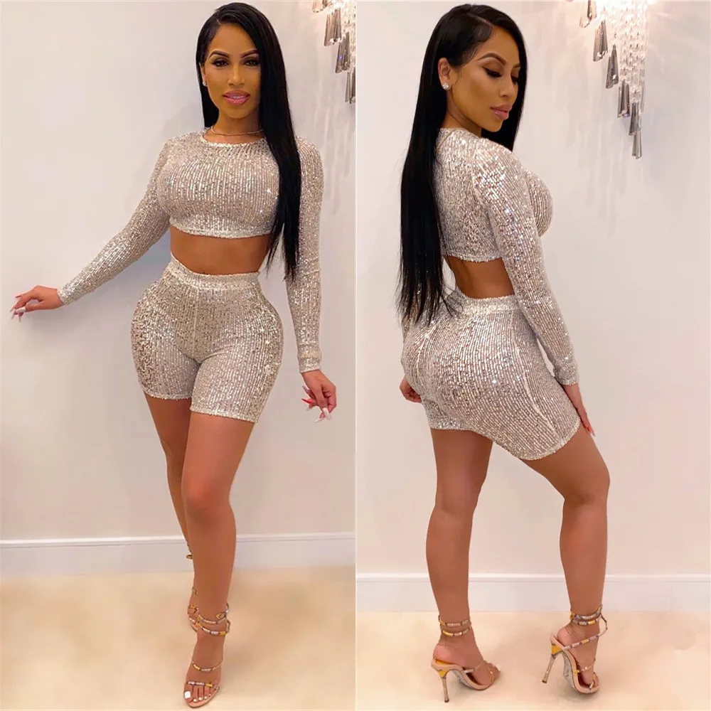 

Women Party Night Club Glitter Wearing Long Sleeve Shorts Two Piece Set, Customized color