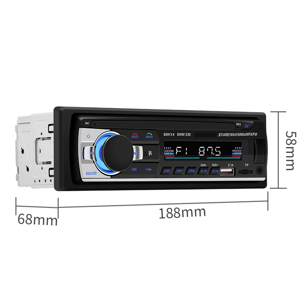 Car Stereo Radio 1 DIN Bluetooth, 6 Outputs, FM Radio, WMA MP3 Player