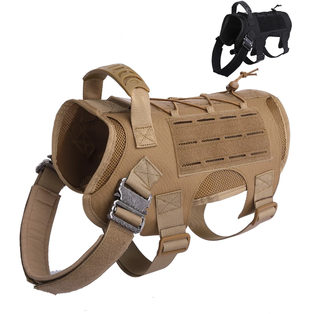 

Molle Adjustable Security Neck Dog Training Harness Mesh Police Military Tactical Service Dog Harness, Black,, tan