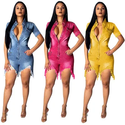

EB-20030815 Solid Denim Jumpsuit 2021 Short Pants Sexy One Piece Ladys Solid Jumpsuit Short Jeans Jumpsuit
