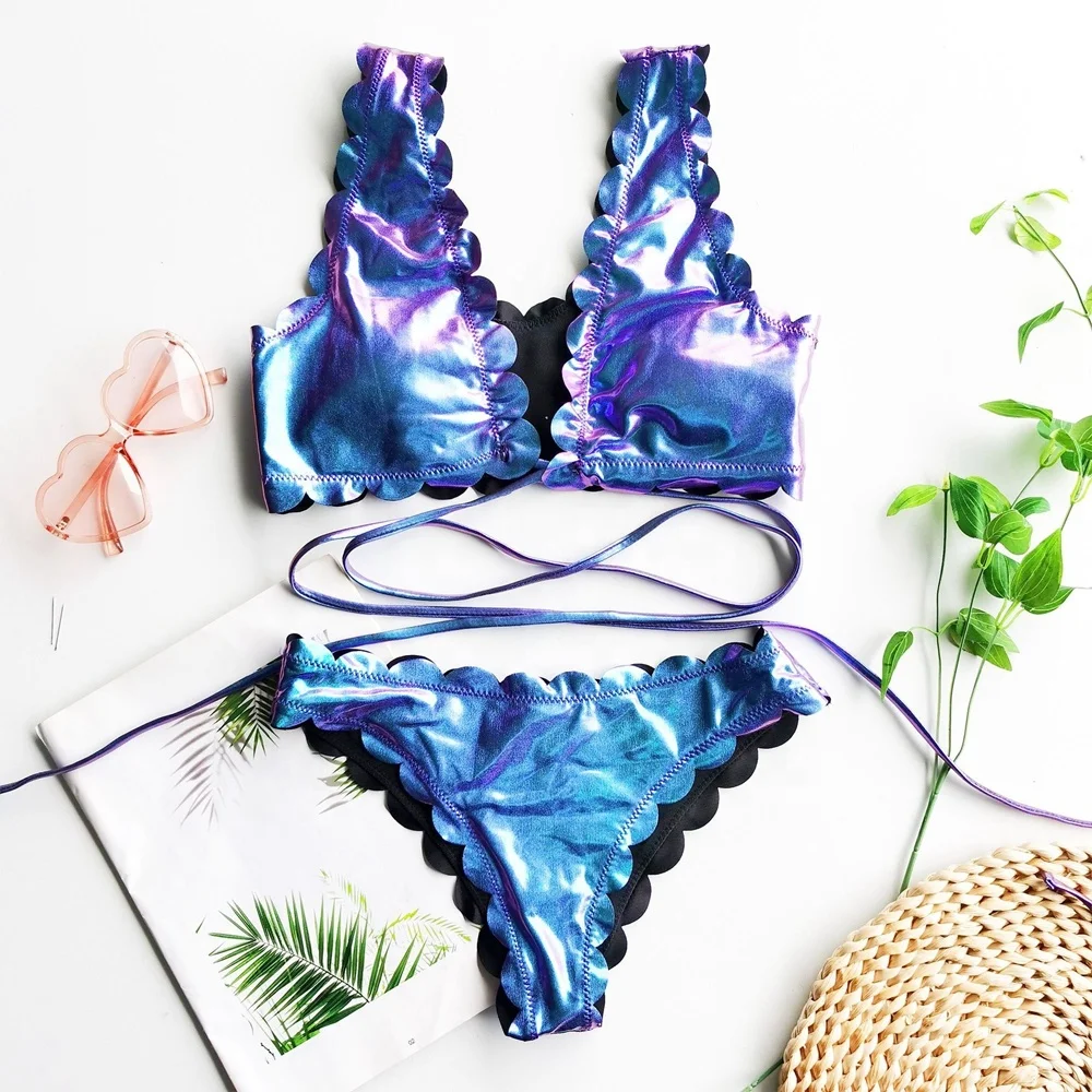 

Sexy Two Piece Set Backless Bandage PU Leather Swimsuit
