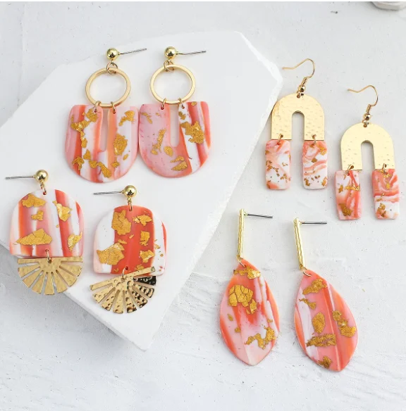 

wholesale 2021 Trendy jewelry Gold Foil Metal Polymer Clay Drop Earrings handmade Geometric tie-dye clay earrings for women, As picture