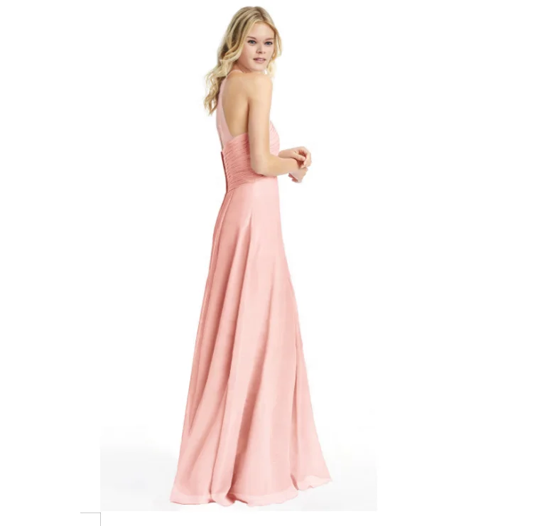 2020 Sexy Pink Halterneck Long Length Pleated A-Line Chiffon Bridesmaid Dress Formal Evening Party Ball Prom Gown Cocktail Dress
