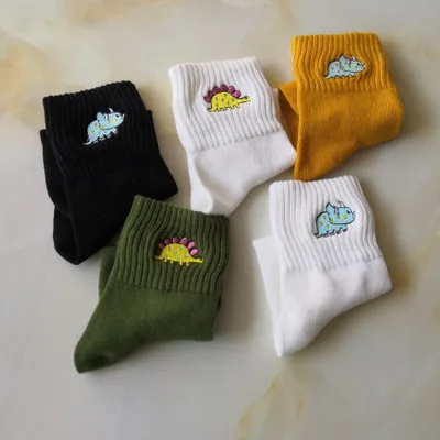 

HF Cotton cute embroidered dinosaur lady's women mid tube socks