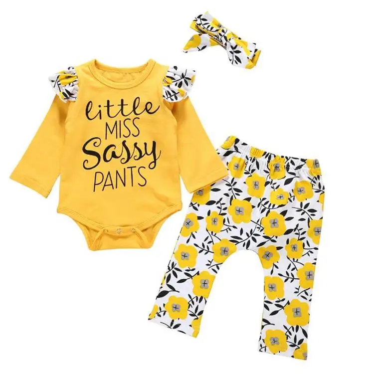 

Hair accessories bodysuits and pants 3pcs Toddler infant clothing sets newborn girls jumpsuits clothes custom print baby rompers, Picture shows/support custom colors
