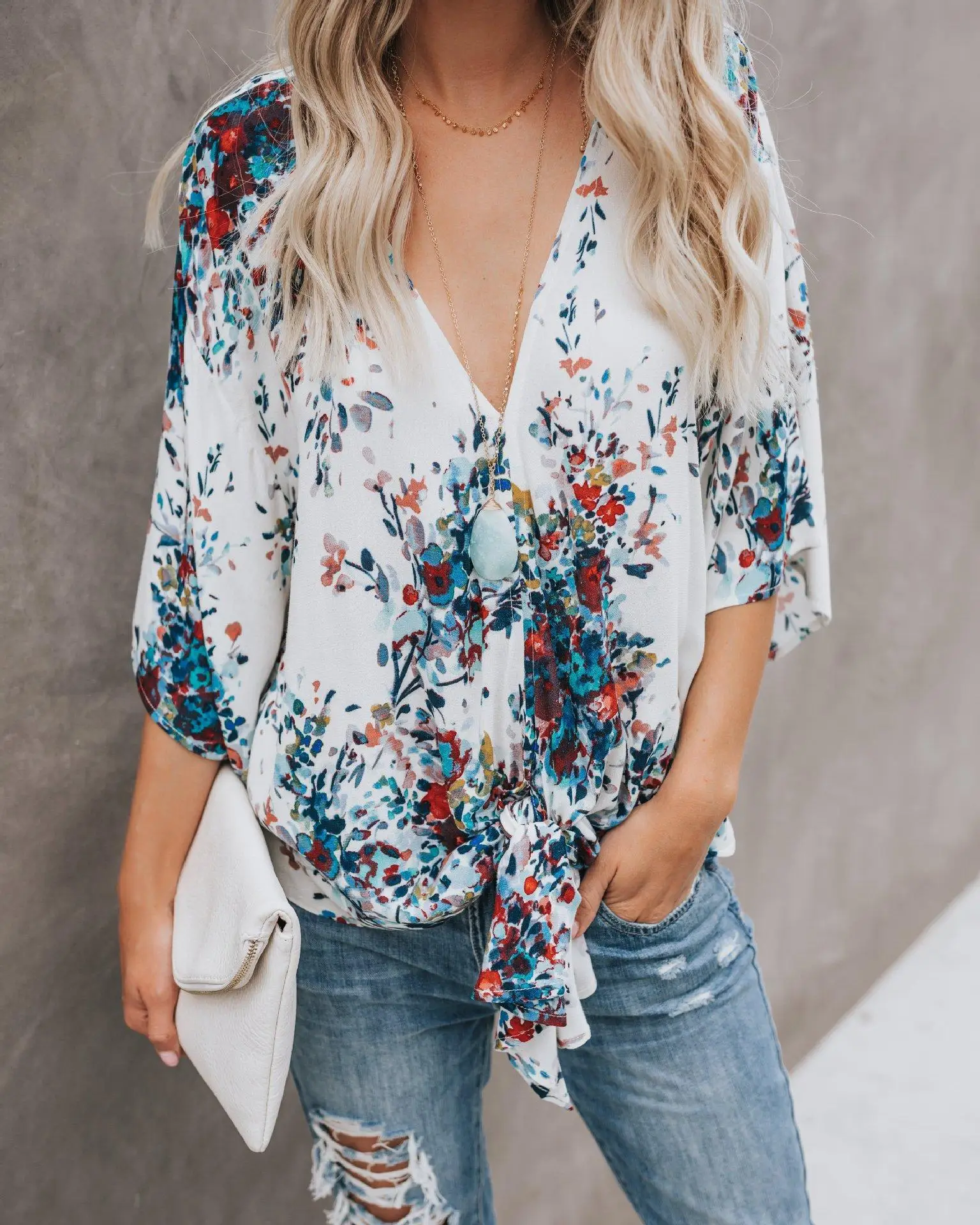 

New digital printing large size horn sleeve lace chiffon top women, Picture color