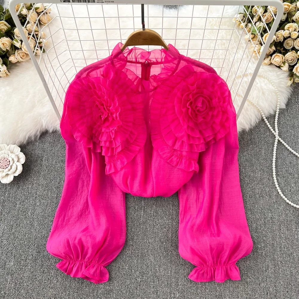 

Gentle style bubble long sleeved standing collar petal shirt women high-end design temperament unique top spring autumn