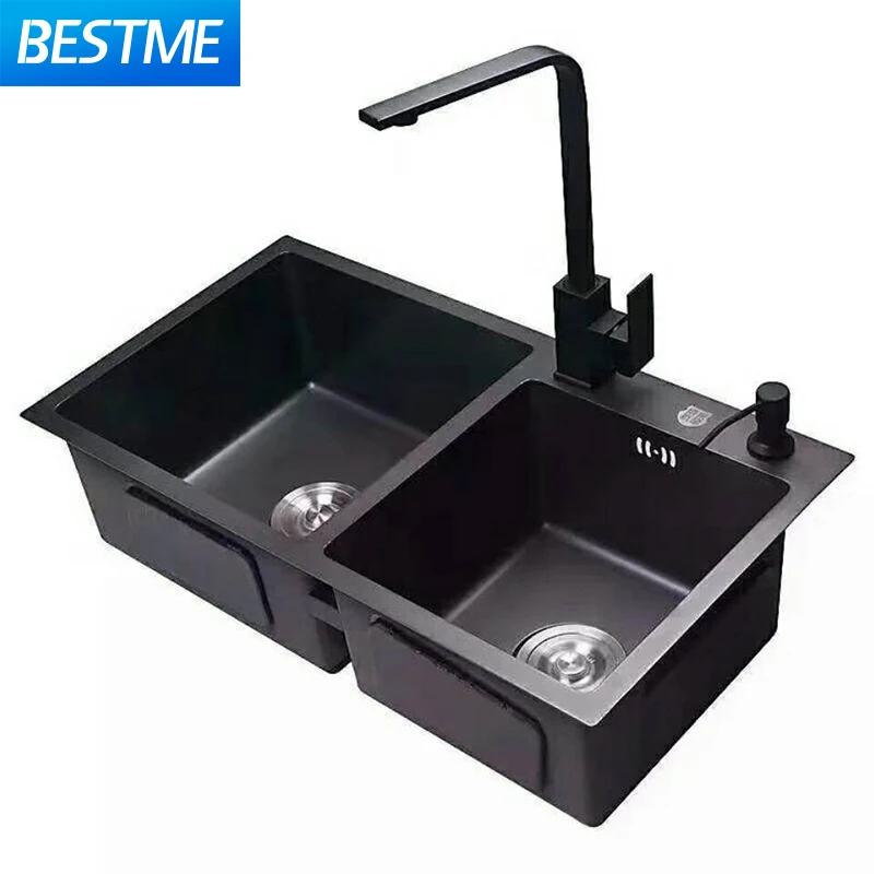 Nano Black Double Stainless Steel Kitchen Sinks Handmade Basin Sink