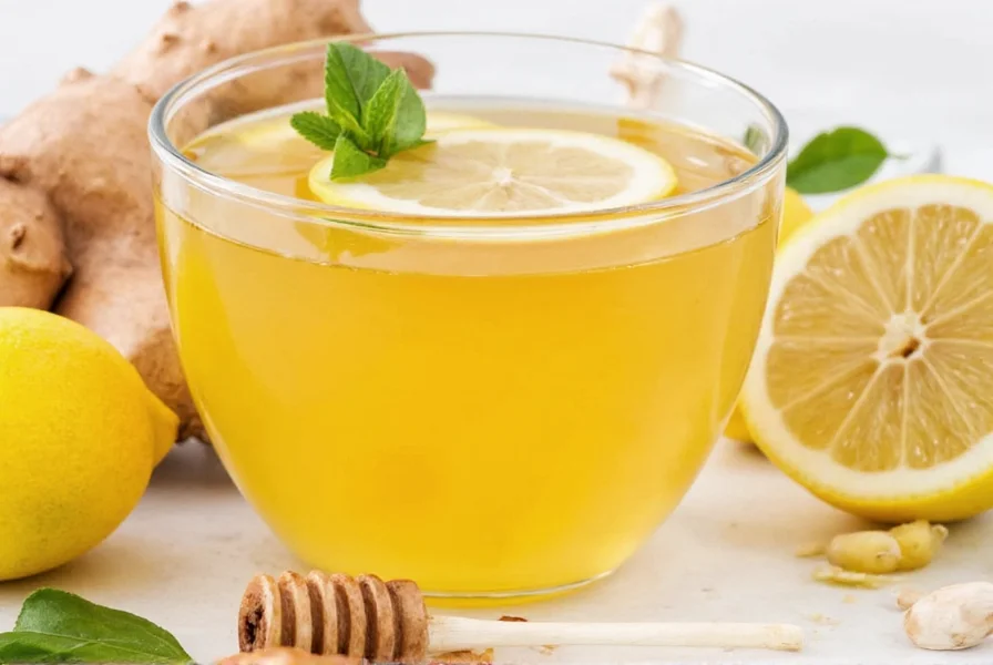 Fresh ginger root, lemon slices, and raw honey in a teacup