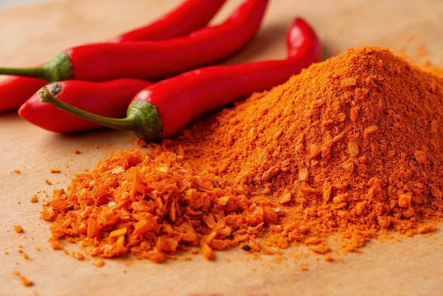 Close-up view of dried cayenne pepper flakes and ground powder next to fresh red cayenne peppers on wooden cutting board