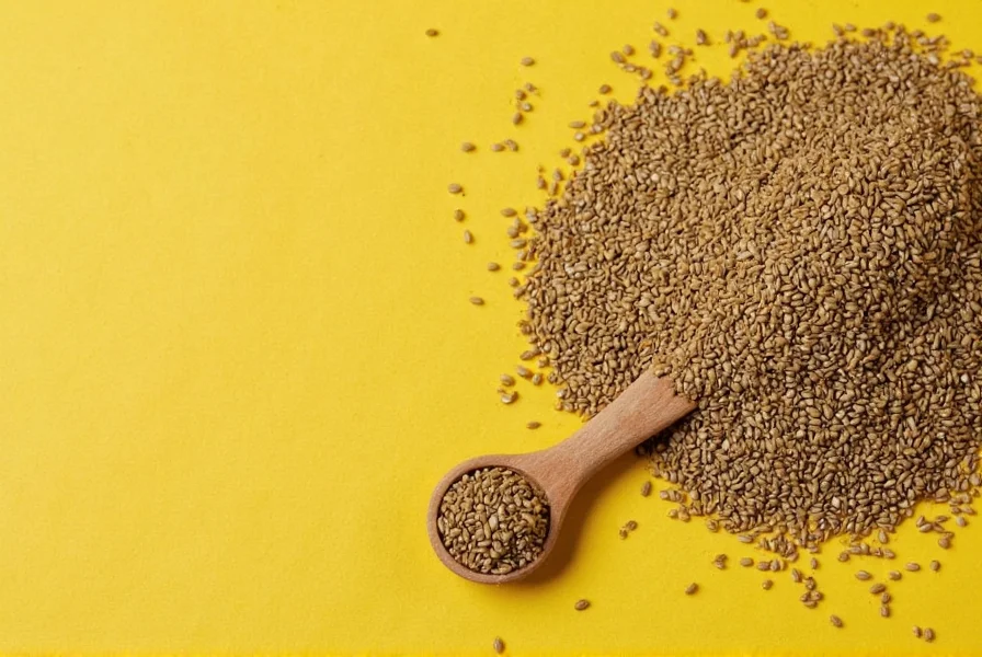 Close-up view of yellow, brown, and black mustard seeds on wooden background showing their different colors and textures