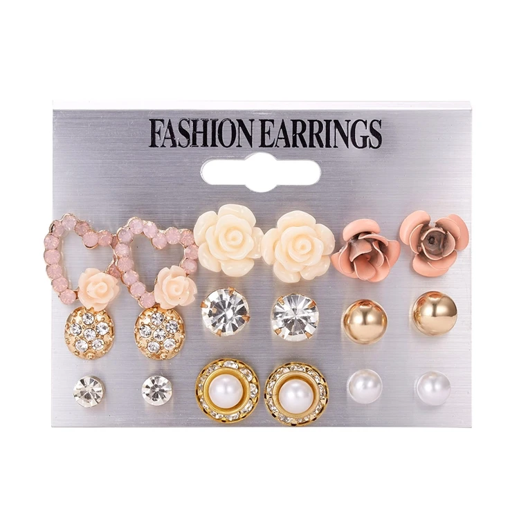 

9 Pairs/ set Fashion Kit Jewelry Gifts Flower Zircon Pearl Heart Stud Earrings For Women, As shown