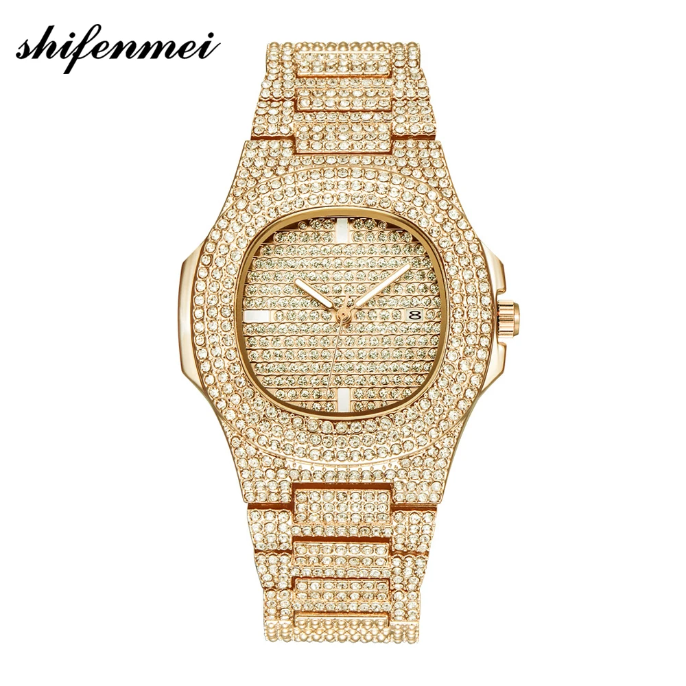 

Dropshipping Custom Men Fashion male clock Full Diamond watch band Date Quartz Watch Gold Stainless Steel Business Mens Watches