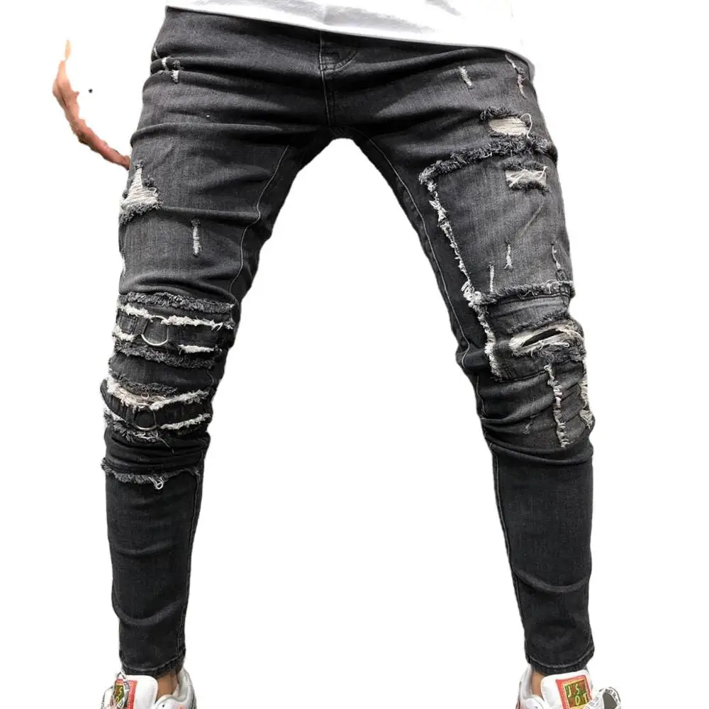 

High Street Fashion Men's Jeans Black Color Destroyed Hip Hop Jeans Men Broken Punk Pants Patch Skinny Ripped Jeans For Men