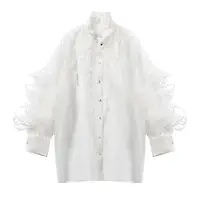 

2019 ladies new arrival design stand collar long sleeve feather organza ruffled sexy see through blouse