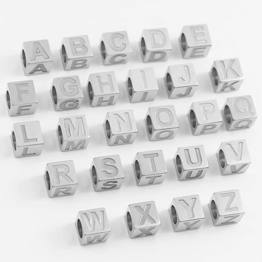

Big Hole 5mm Stainless Steel Square A-Z 26 Alphabet Letter Beads Gold Silver Custom Charms Jewelry Accessories 7*7 mm, Gold and silver